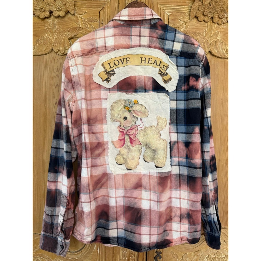 Upcycled Patchwork Flannel Shirt Large | Love Heals Lamb Folk Art - Picture 5 of 7